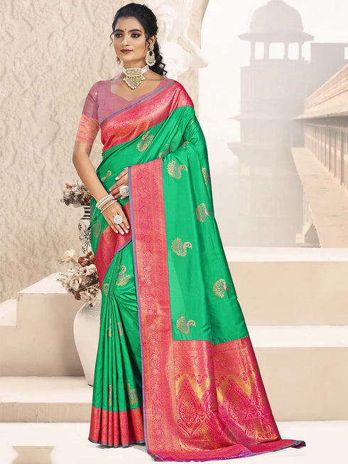 Deeva Sarees Teal Green Silk Saree With Golden Peacock Design